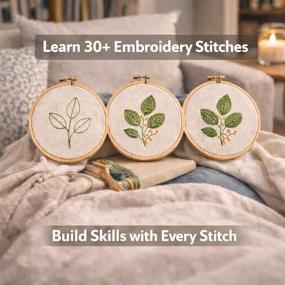 BUZZCRAFT Embroidery Starter Kit for Beginners & Adults, Learn 30+ Stitches, 10 Pre-Printed Practice Patterns, Hand Embroidery Kit with Hoop, Needles, Floss & Instruction Book, DIY Sewing Craft Kit - Image 7