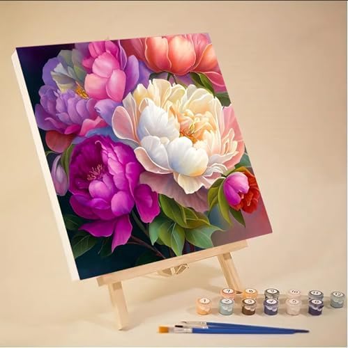 MaiMMaledy Paint by Numbers Kit for Adults Beginners with Framed Canvas Pictures Drawing Painting Acrylic Pigment with Wooden Triangle Easel 10Lx10W inch Peony - Image 2