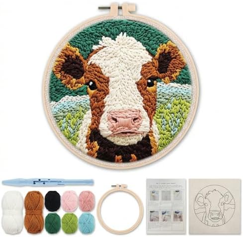ZMHKJZDQ Punch Needle Kits for Beginners,DIY Punch Needle Embroidery with Fabric, Hoops, Yarns and Sewing Needles for Adults Children Festival Gift and Home Decor, 20x20cm (Grassland Highland Cow) - Image 2