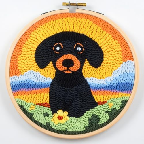 DIY Punch Needle Kits Cute Black Dachshund with Sunset with Hoop 20x20cm-1 by Unknown