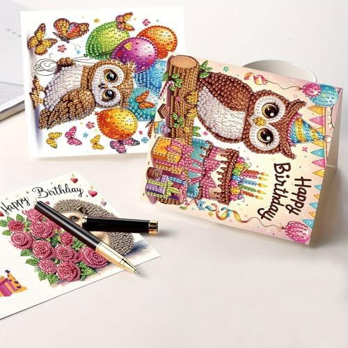 Tontut 6 Pieces Diamond Art Painted Greeting Cards, Owl Hedgehog Bear 5D DIY Special Shape Diamond Card Creative Gifts, Christmas Thanksgiving Greeting Card Congratulation - Image 6