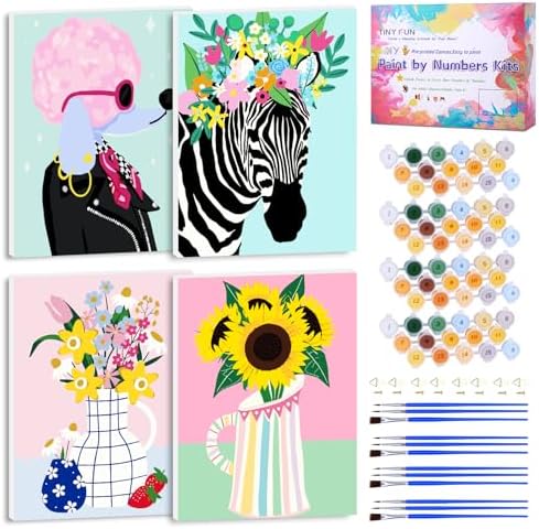TINY FUN 4 Pcs Paint by Numbers for Adults,DIY Oil Painting Kits 9x12 Inch Canvas with Solid Wood Frame. Cartoon Wall Art Beginner Friendly Craft Gift Home Decoration. by TINYFUN-PremiumDiamondPaintingKits