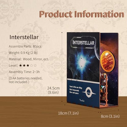 Tonecheer DIY Book Nook Kit for Adults,3D Wooden Puzzle Bookend Bookshelf Insert Library Decor, Booknook Miniature House Kit with Body Motion Sensor LED Light（Interstellar） - Image 4