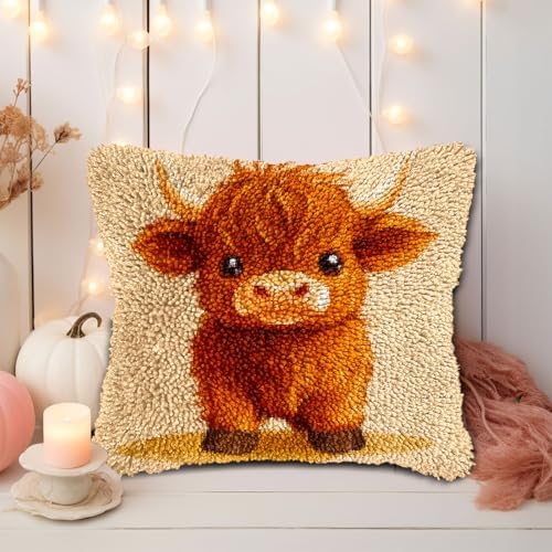 Latch Hook Pillow Kits for Adults Cute Baby Highland Cow DIY Pillow Cover Printed Pillowcase Crochet Hooking Yarns Handmade Cushion for Home Sofa Decoration 17x17inch(8) - Image 5