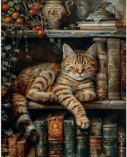 Paint by Numbers Kit for Adults, Sleeping Cat & Bookshelf, 16x20 Inch by Okarina