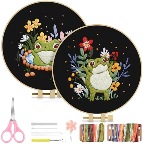 TINDTOP 2 Pack Embroidery Kit for Adult, Embroidery DIY Starter Kit, with Stamped Patterns, Hoop, Tools, Colorful Threads with Needles, Instructions (Frog) by TINDTOP