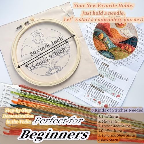 FONNUY Embroidery Kit for Beginners, Textured Vibrant Nature Landscape Pre-Stamped Pattern Kits for Adults with Hoop, Easy to Follow Color Thread Needlework, 8'' Hoop (Red 2) - Image 5