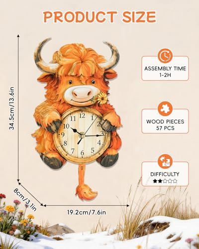 3D Puzzles for Adults-Wooden Highland Cow Clock Puzzle DIY Clock Model Kit - Image 2