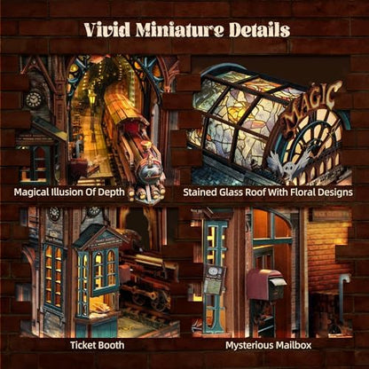 FUNPOLA LED 3D Puzzle Magic Station Book Nook Kit - Interactive 3D Wood Puzzle LED Magical Miniature with Infinite Extension Space - DIY Bookshelf Insert Decor Gifts(Magic Station) - Image 3