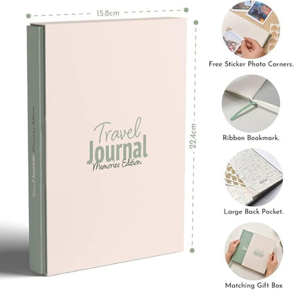 Travel Journal – Memory Book for Trips and Vacations – Journal and Photo Album – 136 Pages for 15 Adventures. Includes Photo Corner Stickers. Gift Sleeve Included. Travel Gift for Women and Men