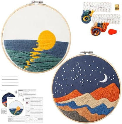 Armindou Hand Embroidery DIY Kits for Beginners Adults, Sea Sunrise Embroidery Set Needlepoint Kits, Stamped Cross Stitch Kits for Beginners Adults, 2 Embroidery Hoops, Fabric(Attached Video Tutorial) by Armindou