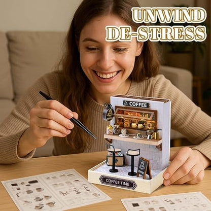 Kisoy Dollhouse Miniature with Furniture Kit, DIY 3D Wooden DIY House Kit with Dust Cover,Handmade Tiny House Toys for Teens Adults Gift (Coffee Time) - Image 3
