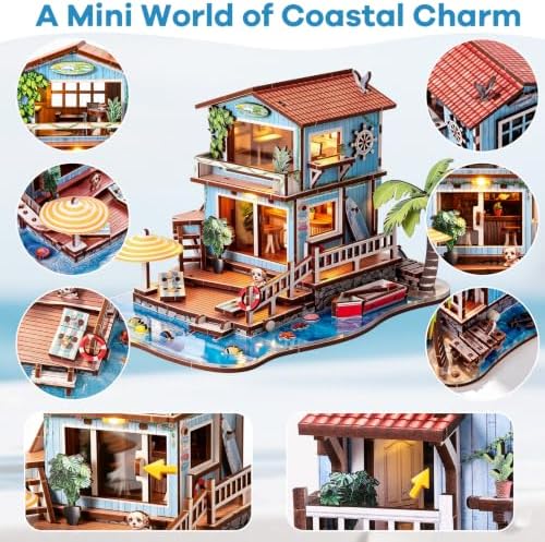 3D Wooden Puzzle Seaside Cottage DIY Miniature Building Kit with LED Lights - Wooden Beach Vacation Craft Model Rural Coastal Home Décor for Adults - Image 3