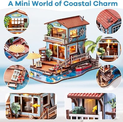 3D Wooden Puzzle Seaside Cottage DIY Miniature Building Kit with LED Lights - Wooden Beach Vacation Craft Model Rural Coastal Home Décor for Adults - Image 3