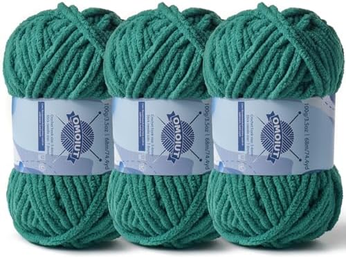 3 Pack Chunky Chenille Yarn for Crocheting, Baby Yarn for Crocheting Soft Blankets, Bulky Yarns for Crochet Amigurumi, 300g (223yds) Fluffy Velvet Yarns for Hand Knitting (3 Dark Green) by OMoiut