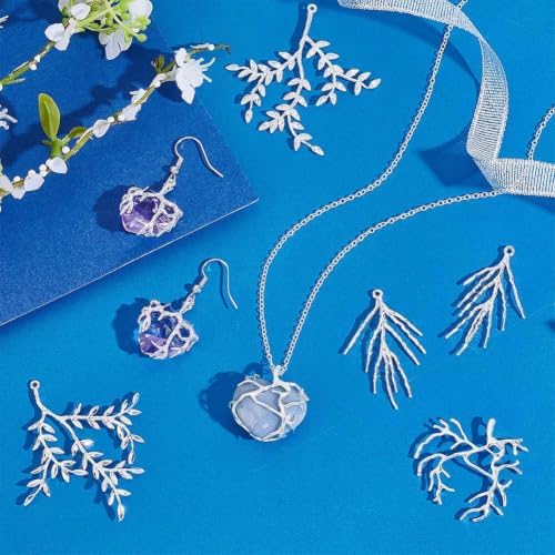PH PandaHall 8pcs 4 Styles Branch Shape Blanks, Brass Pendant Trays Bezel Metal Claw Cage Pendant Frames Pendants Holder for Irregular Gemstone Cabochons Rhinestones DIY Jewelry Making, Silver - Image 2
