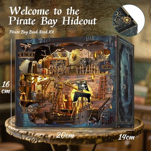 Book Nook Kit - DIY 3D Wooden Puzzle Miniature House with LED Lights - Creative Crafts for Adults - Bookshelf Insert Decor - Educational Gift for Family & Friends（Pirate Bay） - Image 4