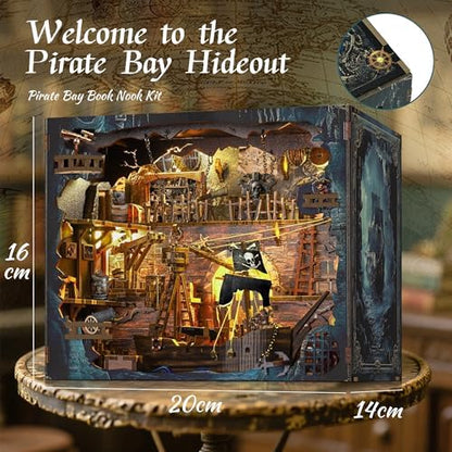 Book Nook Kit - DIY 3D Wooden Puzzle Miniature House with LED Lights - Creative Crafts for Adults - Bookshelf Insert Decor - Educational Gift for Family & Friends（Pirate Bay） - Image 4