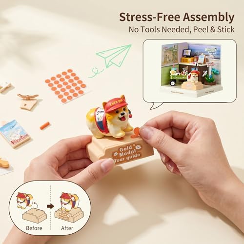 Puppy Tour Guide Miniature House Kit, Durable Plastic DIY Dollhouse with Dog Figure & Travel Scene, Stackable Transparent Dust Cover, Creative Desktop Decor for Adults Teens - Image 4