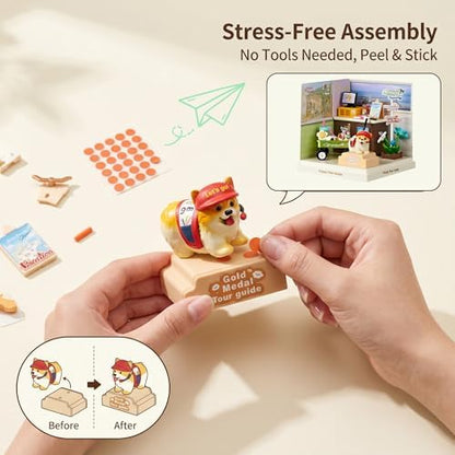 Puppy Tour Guide Miniature House Kit, Durable Plastic DIY Dollhouse with Dog Figure & Travel Scene, Stackable Transparent Dust Cover, Creative Desktop Decor for Adults Teens - Image 4