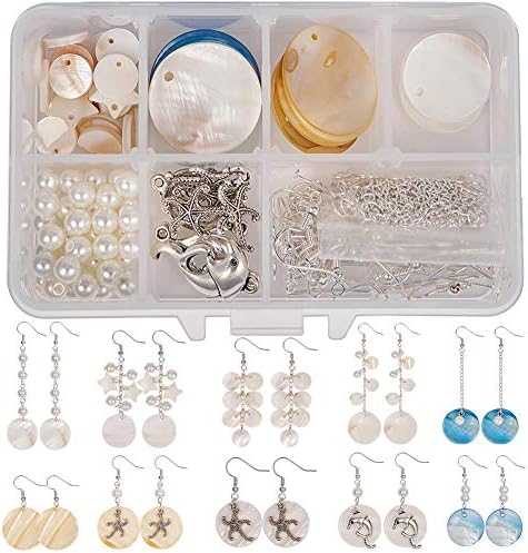 SUNNYCLUE 1 Box DIY 10 Pairs Natural White Sea Shell Drop Dangle Earrings Making Starter Kit Round Seashell Charm Pendants Earring Hook for Art Craft Projects Silver, Instruction by SUNNYCLUE