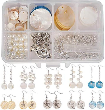 SUNNYCLUE 1 Box DIY 10 Pairs Natural White Sea Shell Drop Dangle Earrings Making Starter Kit Round Seashell Charm Pendants Earring Hook for Art Craft Projects Silver, Instruction by SUNNYCLUE