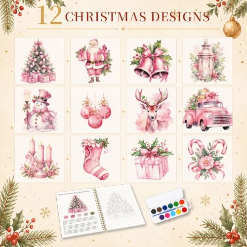 Christmas Gift, Pink Christmas Watercolor Workbook, Water Coloring Book with Pink Xmas Designs, 12 Beautiful Xmas Paintings Designs, Watercolor Book Set with Palette and Brush, Relaxing Art Beginners - Image 4