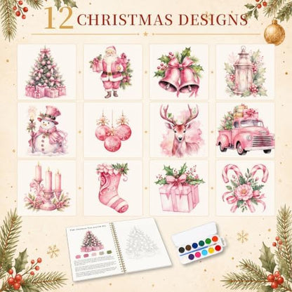 Christmas Gift, Pink Christmas Watercolor Workbook, Water Coloring Book with Pink Xmas Designs, 12 Beautiful Xmas Paintings Designs, Watercolor Book Set with Palette and Brush, Relaxing Art Beginners - Image 4