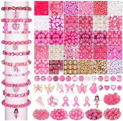 2650PCS+ Breast Cancer Awareness Beads Charms for Bracelet Making Pink Clay Heishi Beads Acrylic Pearl Crystal Spacer Bead Pink Ribbon Charms for Jewelry Making DIY Breast Cancer Awareness Accessories - Image 7