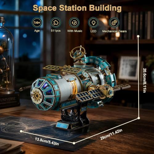 Mechanical 3D Wooden Puzzles for Adults, Space Station DIY Rotating Miniature House Kit with LED Lights & Music, 511PCS DIY Moving Building Model Craft Kit, Creative Home Decor Birthday Gift - Image 2