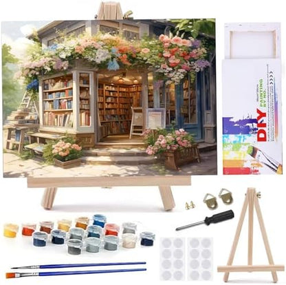 MaiMMaledy Paint by Numbers Kit for Adults Beginners Canvas Pictures with Framed Drawing Painting Acrylic Pigment with Wooden Triangle Easel Bookstore 8Wx12L inch by MaiMMaledy