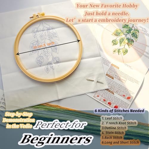 FONNUY Green Plants Embroidery Kit, Cross Stitch Kits for Beginners, Handmade Crafts with Printed Patterns for Beginner Adults, Easy to Follow Color Thread Needlework, 8'' Hoop (Drooping Leaves) - Image 5