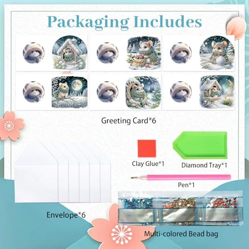 antor 6 Pack Christmas Diamond Art Cards with Envelopes, DIY Special Shaped Rhinestone Diamond Painting Greeting Card Kit, Winter Mouse Design for Adults Holiday Craft - Image 3