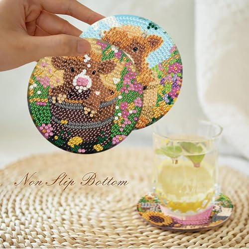 8 Pcs Highland Cow Diamond Art Coasters with Holder, DIY Diamond Painting Coasters Kits for Adults Beginners, Cow Diamond Art Coasters for Drinks, Non-Slip Heat Resistant Coasters Home Decor Gifts - Image 2