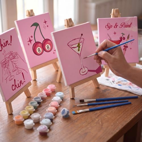 YooNotee 6 Pack Paint by Numbers Kit for Adults Sip and Paint Party 8x8 Inch Canvas with Acrylic Paints Brushes & Easels, Cocktail Wine Cake Floral Themed Painting Set for Girls Night - Image 5