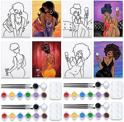 VOCHIC 4 Pack Pre Drawn Canvas Painting Kit for Adults Paint and Sip Party Supplies 12x16 in 8 Acrylic Colors, Brushes, Pallet Chic Girl Art Set by VOCHIC
