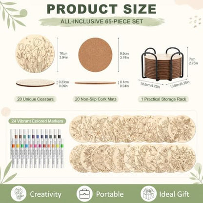 Wooden Drink Coasters Kits for Adults, 65 Pcs Paint Your Own Set with 24 Markers, 20 Coasters, 20 Cork Mats, 1 Holder(Flower) - Image 2