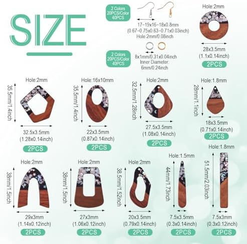 10 Pairs Wood Resin Pendants Vintage Resin Walnut Wood Charms Black Brown Sequins Charms Rectangle Oval Teardrop Wooden Dangle Earring Making Kit with Earring Hooks for Bohemian Jewelry - Image 4