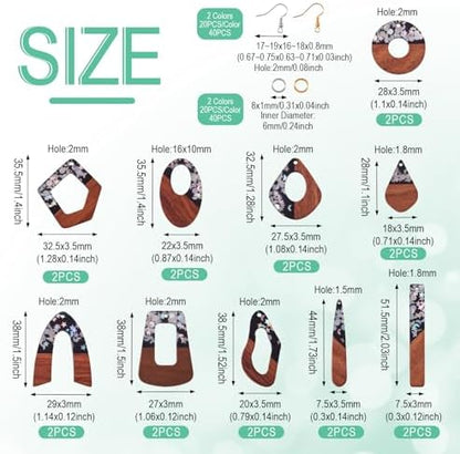 10 Pairs Wood Resin Pendants Vintage Resin Walnut Wood Charms Black Brown Sequins Charms Rectangle Oval Teardrop Wooden Dangle Earring Making Kit with Earring Hooks for Bohemian Jewelry - Image 4