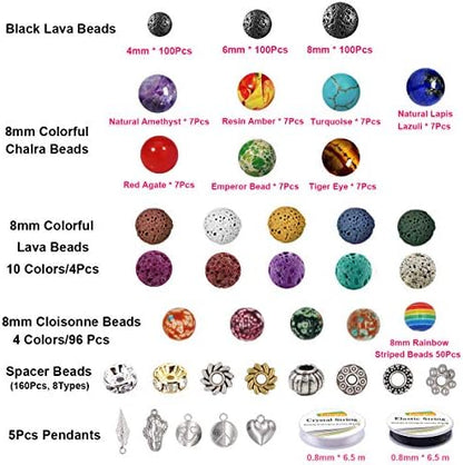 EuTengHao 702Pcs Lava Beads Stone Rock Beads Rainbow Striped Beads Kit with Chakra Beads Cloisonne Beads Spacer Beads Bracelet String Cord for Diffuser Essential Oils Adult Jewelry Making Supplies - Image 5
