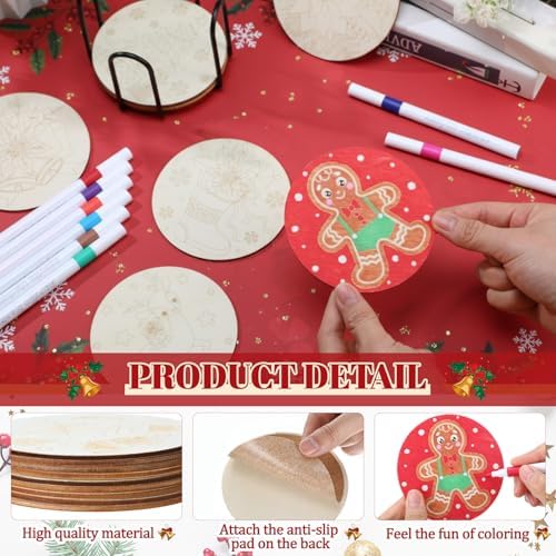 Reallnaive 45 Pcs Christmas Wooden Coasters Painting Kit, 4 Inch Paint Your Own Boho Coasters with Markers, Arts and Crafts for Adults Women Seniors Elderly Crafters Gifts - Image 5