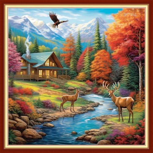 Joyhoor Stamped Cross Stitch Kits for Beginners, Needlepoint Kits for Adults, 11CT Counted Embroidery Kits-Late Autumn Elk 18x18 inchs by JoyhoorCrossStitchKits