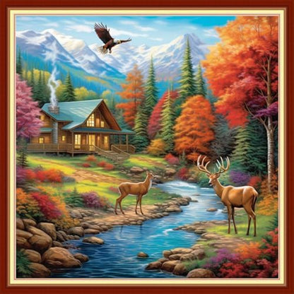 Joyhoor Stamped Cross Stitch Kits for Beginners, Needlepoint Kits for Adults, 11CT Counted Embroidery Kits-Late Autumn Elk 18x18 inchs by JoyhoorCrossStitchKits