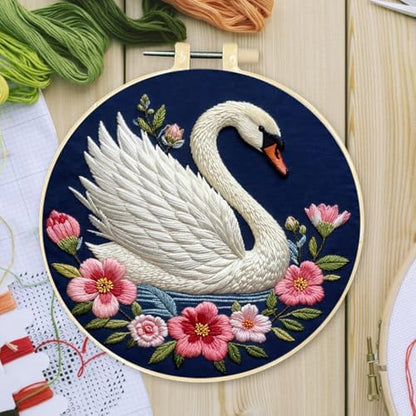 FRANDEK DIY Flower Swan Stamped Embroidery Kit with Hoop for Adults - Image 3