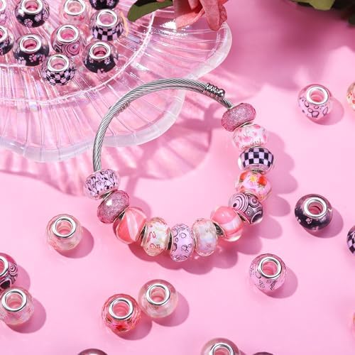 Aipridy Large Hole European Beads, Craft Supplies Kit，Assorted Mixed Color Lampwork Spacer Beads for DIY Bracelet Jewelry Making (100, Pink) - Image 4