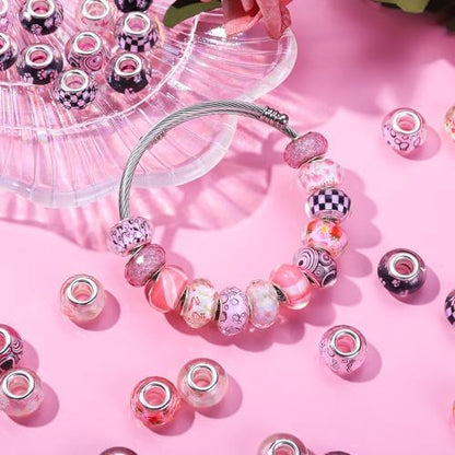 Aipridy Large Hole European Beads, Craft Supplies Kit，Assorted Mixed Color Lampwork Spacer Beads for DIY Bracelet Jewelry Making (100, Pink) - Image 4