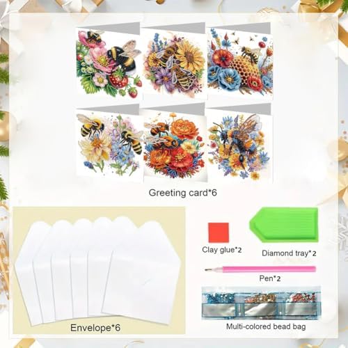 jinglinhh 6pcs Diamond Art Painting Bee Poppy Sunflower Peony Flower Greeting Cards with Envelopes, DIY Card Making Kits for Adults, Diamond Art Postcards Christmas Cards Craft Gifts - Image 3