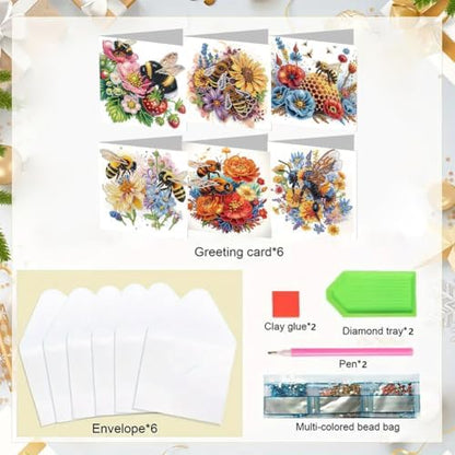 jinglinhh 6pcs Diamond Art Painting Bee Poppy Sunflower Peony Flower Greeting Cards with Envelopes, DIY Card Making Kits for Adults, Diamond Art Postcards Christmas Cards Craft Gifts - Image 3
