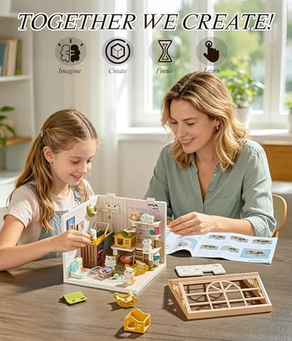 Cat Pet Life Shop DIY Miniature House Kit with Roof & LED Light, Stackable & Connectable Dollhouse Kit with Dustproof Door, Creative DIY Crafts Building Toy Gift for Adults Teens - Image 5