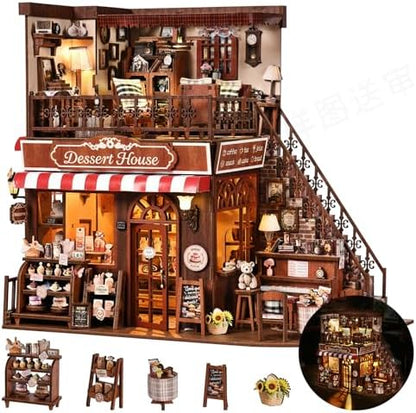 DIY Miniature House Kit, Dollhouse Fantastic Corner Shop for Adults to Build, Birthday/Christmas Day Gift for Family and Friends, Prefab Tiny Home with LED Lights,Corner Dessert House - Image 2